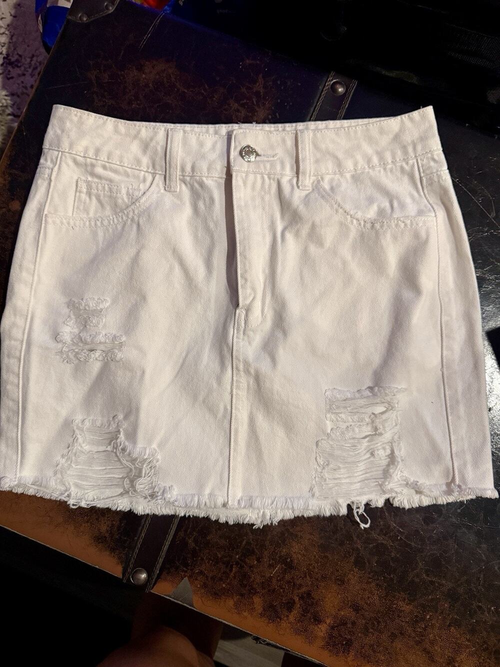 Litz By UNIQ White Distressed Denim Skirt Sz Small, Retro Y2K Festival Attire